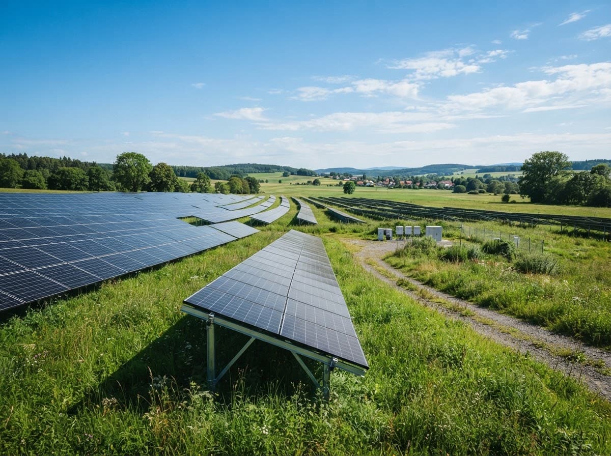 Solar panels in a green field