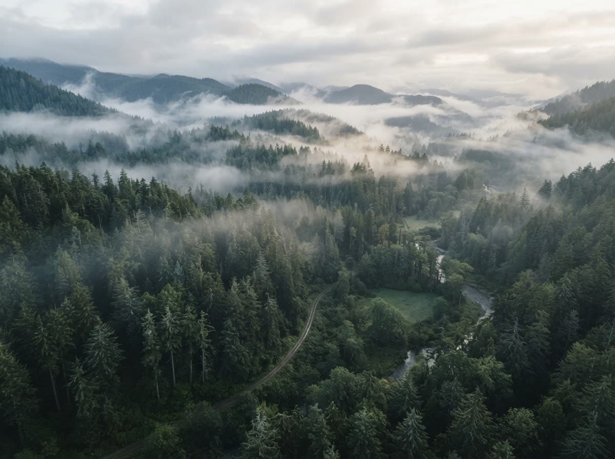 Misty aerial view of a dense forest